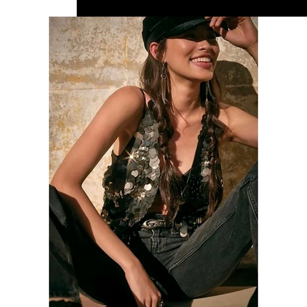 new FREE PEOPLE we the free heavyweight velvet and coin sequin vest xs L